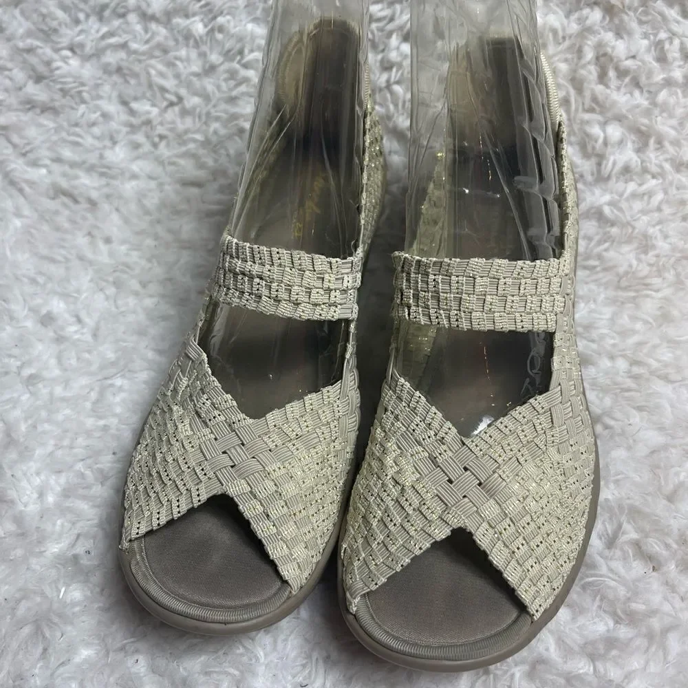 Skechers Parallel Beige /Gold Weave Wedge Peep Toe Sandals Shoes SZ9.5